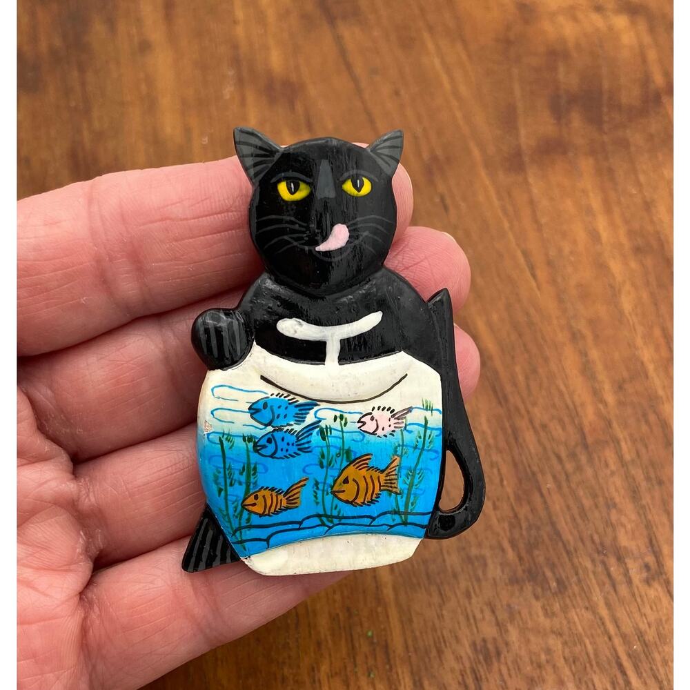 Vintage Black Cat Fish Bowl Brooch Wooden Hand Painted